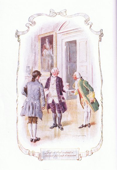 Net op dat moment bezorgde een bediende hem een kaart, uit The Vicar of Wakefield gepubliceerd door J M Dent & Son Ltd, 1920s door Charles Edmund Brock